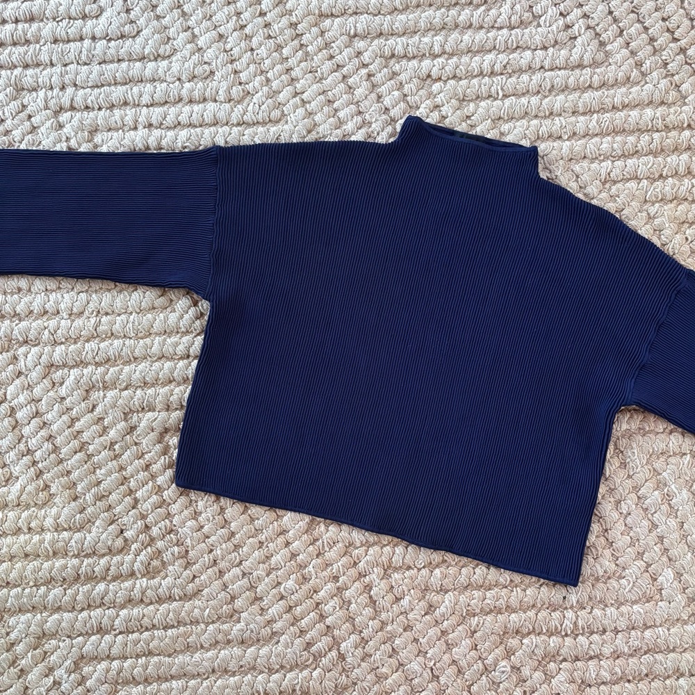 Topshop Navy Blue Ribbed Cropped Neoprene Sweater